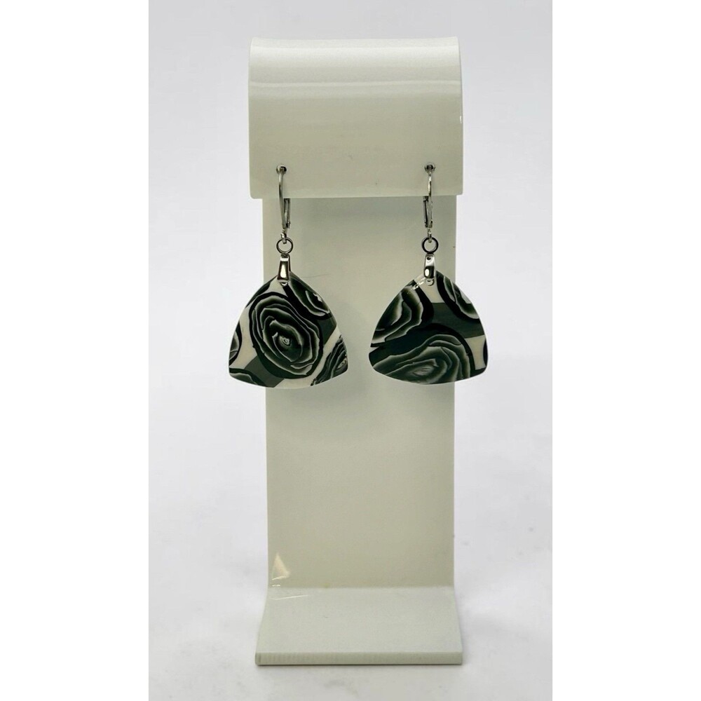 Handmade Polymer Clay Dangle Earrings Black & White Rose Triangle SS Lever back - Picture 4 of 9